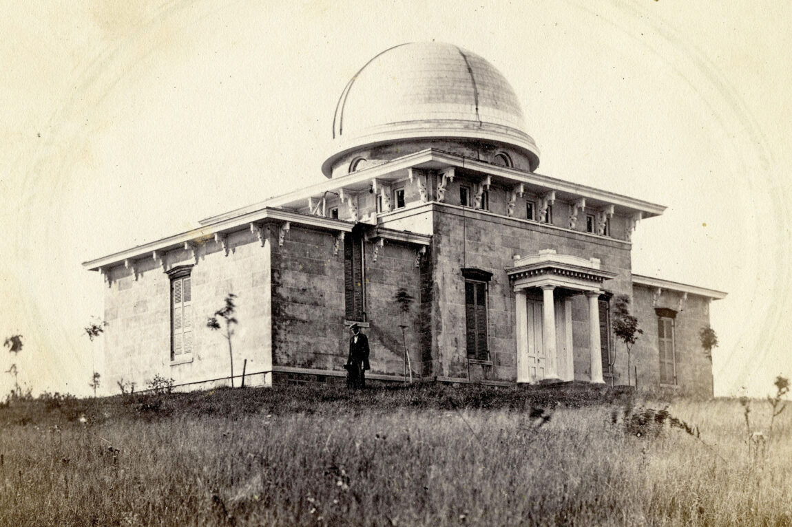 The earliest known photo of the Detroit Observatory in 1861.