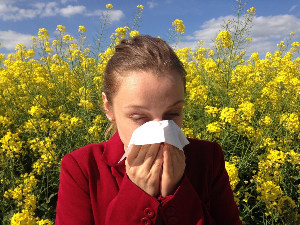 A woman covering her nose with a tissue standing in a field. Image credit: Pixabay.com