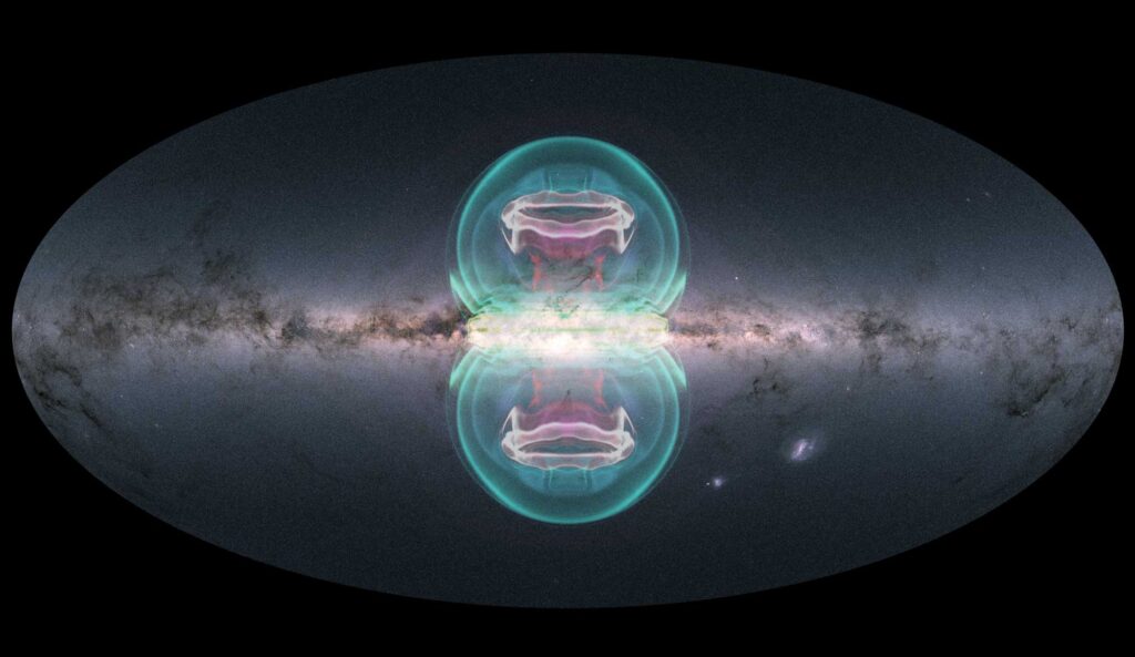 The NASA visualization team created a superposition of an image of the Milky Way, taken by the European Space Agency's Gaia space observatory, and a visualization of the simulations of the eRosita and Fermi bubbles prepared by Karen Yang (lead author of the study and an assistant professor at the National Tsing Hua University in Taiwan) in cooperation with the co-authors of the paper Mateusz Ruszkowski (University of Michigan) and Ellen Zweibel (University of Wisconsin). Image credit: ESA/Gaia/DPAC, CC BY-SA 3.0 IGO