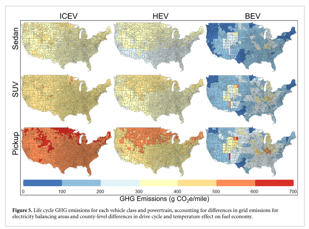 Life cycle greenhouse gas emissions for each vehicle class and powertrain. Average lifetime emissions account for differences in grid emissions for electricity balancing areas and county-level differences in drive cycle and temperature effect on fuel economy. Image credit: From Woody et al. in Environmental Research Letters, 2022