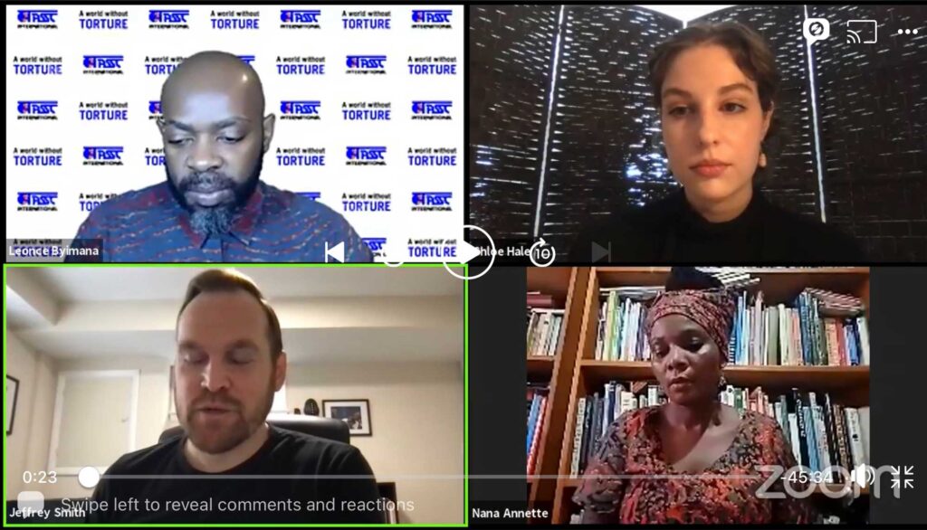 Zoom panel at TASSC. Public roundtable: Torture in Uganda-The Tragic History, Impact and Current Reality under the Museveni Regime. Image credit: Chloe Hale