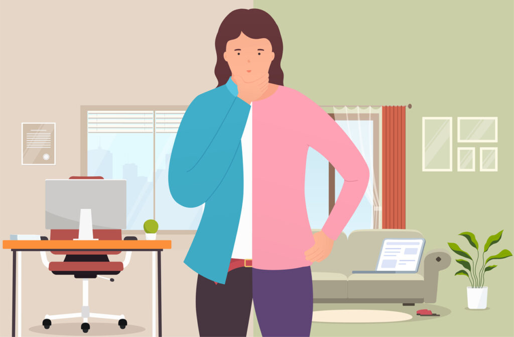Concept illustration contemplating working remotely from home or the office. Image credit: iStock