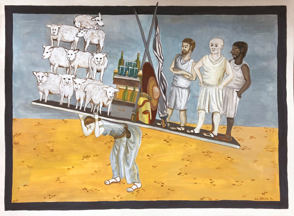 Alison Rivett, associate director of the Arts Initiative, has created several paintings inspired by Ph.D. dissertations, including one based on a Greek-language papyrus letter from a man to his wife and another from an art history dissertation about the history of early tarot cards. (Photos courtesy of Alison Rivett)