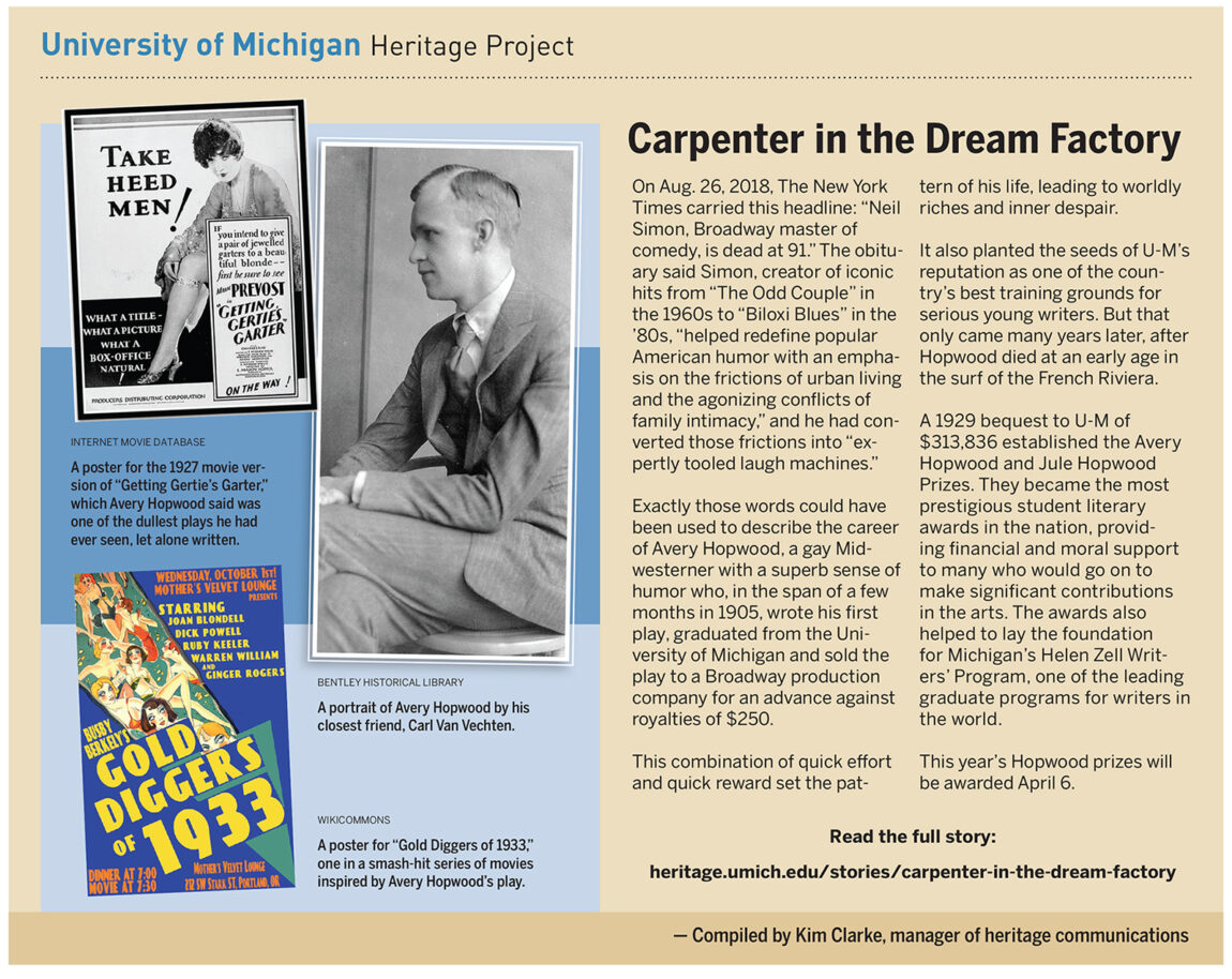 Avery Hopwood was a gay Midwesterner with a superb sense of humor who, in the span of a few months in 1905, wrote his first play, graduated from U-M and sold the play to a Broadway production company for an advance against royalties of $250. This combination of quick effort and quick reward set the pattern of his life.