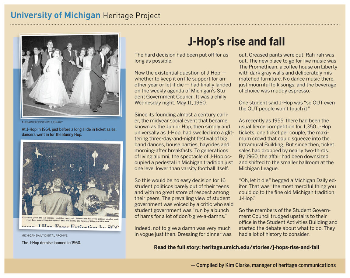 Since its founding, the mid-year social event that became known as the Junior Hop, then simply and universally as J-Hop, had swelled into a glittering three-day-and-night festival. But nearly a century later in 1960, the future of the event was up the Student Government Council, who had a lot of history to consider.