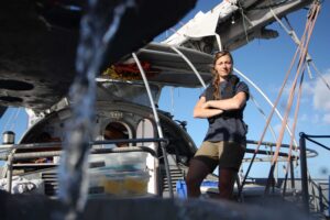 U-M environmental virologist Melissa Duhaime on the research vessel Tara, sampling viruses and microbes in the Southern Ocean, en route to Easter Island. Image credit: Anna Deniaud