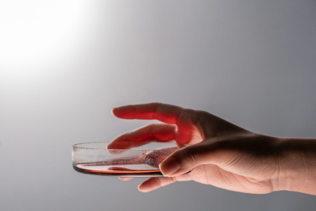 A pers holding a petri dish with a blood sample. Image credit: Ivan Samkov, Pexels.com