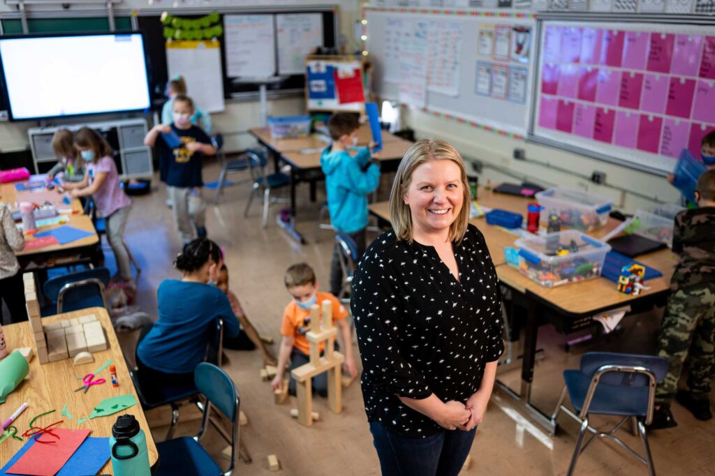 Lindsey Barnard, a first-grade teacher at Randall Elementary in Taylor, says she was apprehensive about implementing a new curriculum in the classroom with everything else going on, but that "fitting High 5s into our math curriculum seemed pretty seamless." Image credit: Eric Bronson
