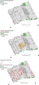 Urban agriculture in Lower Eastside of Detroit and scenarios to scale up production. A) Current urban agriculture sites in Lower Eastside of Detroit; B) Centralized scenario (Hantz Farms) C) Dispersed scenario using spatial multi-criteria evaluation model. Image credit: From Newell et al. in the journal Cities, 2022