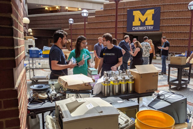 A September 2021 “lab swap” event at the Chemistry Building found new homes for approximately $20,000 worth of lab supplies and prevented 2,250 pounds of landfill waste. It is one of many creative efforts underway around the Ann Arbor campus to reduce waste year-round. (Photo courtesy of the Office of Campus Sustainability)