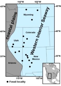 Map shows the shoreline of North America's Western Interior Seaway 94 million years ago. Dots indicate sites where fossil oyster shell specimens were collected. Samples from those shells were analyzed at the University of Michigan using a technique called clumped isotope paleothermometry. Illustration credit: Matt Jones