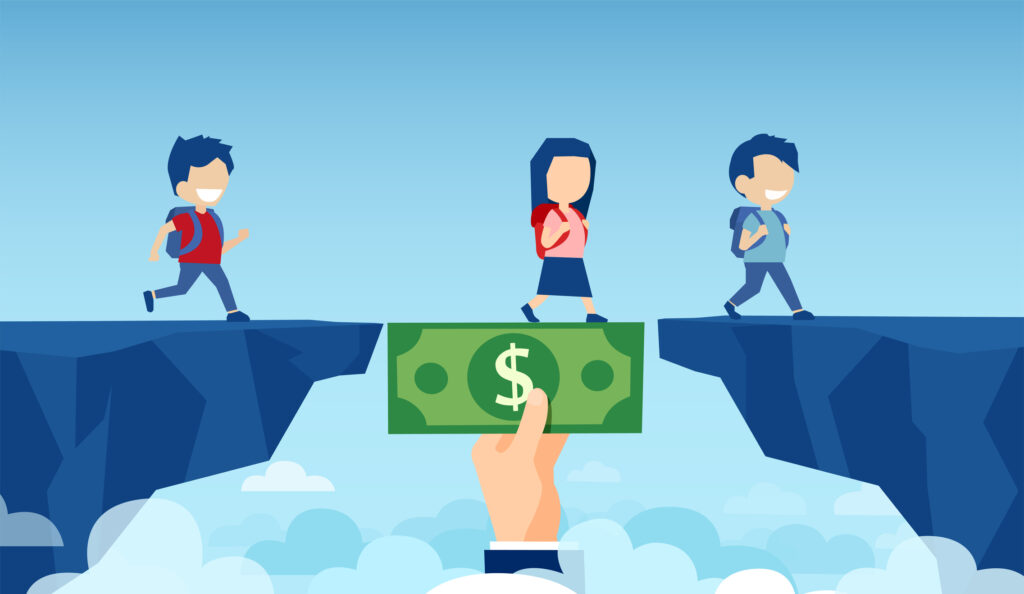Hand holding a dollar to bridge a gap for children passing by. Image credit: iStock