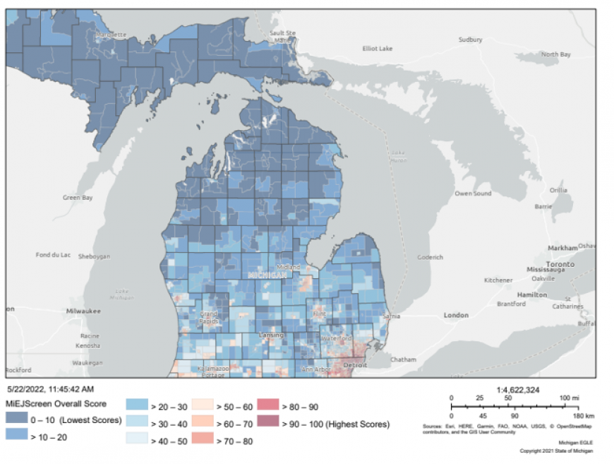 The Michigan-specific environmental justice screening tool that the authors’ 2019 research informed, recently released for public comment by the Michigan Department of Environment, Great Lakes, and Energy. Image courtesy: U-M SEAS