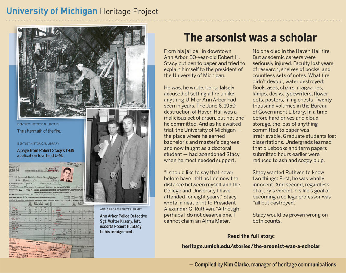 Robert H. Stacy wrote to U-M President Alexander G. Ruthven that he was being falsely accused of setting the fire that destroyed Haven Hall on June 6, 1950, and felt that his life’s goal of becoming a college professor was “all but destroyed.” Stacy would be proven wrong on both counts.
