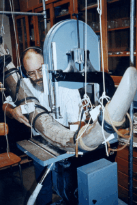 University of Michigan paleontologist and study co-leader Daniel Fisher participated in the Buesching mastodon excavation 24 years ago. He later used a bandsaw to cut a thin, lengthwise slab from the center of the animal’s banana-shaped, 9½-foot right tusk. That slab was used for the new isotopic and life-history analyses, which enabled scientists to reconstruct changing patterns of landscape use during two key periods: adolescence and the final years of adulthood. The Buesching mastodon died in a battle over access to mates at age 34, according to the researchers. Photo courtesy of Daniel Fisher