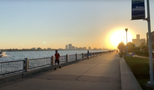 A man jogs along Detroit's Riverwalk