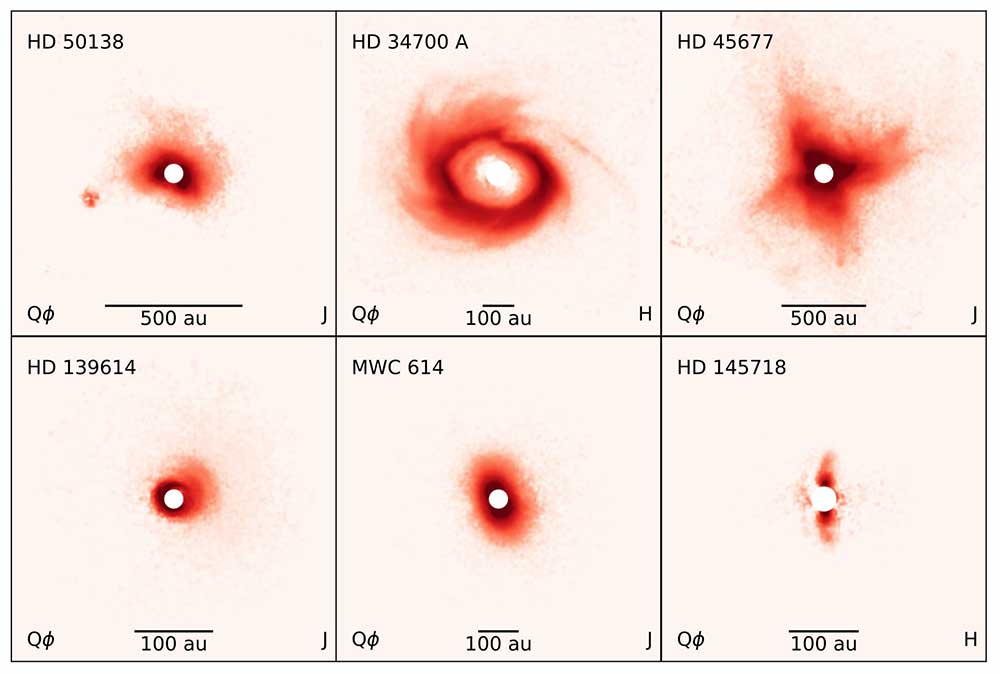 A team led by University of Michigan postdoctoral researcher Evan Rich and professor John Monnier imaged 44 targets in a survey called Gemini-Large Imaging with GPI Herbig/T-tauri Survey, or Gemini-LIGHTS. The astronomers detected some form of dust around 80% of the 44 targets. The team released a gallery of 6 of the 44 targets showing a range of different morphologies that tell the researchers about the dynamics happening within the disk itself. Rich will present the summary paper's findings at the American Astronomical Society's annual meeting this month. His study has also been accepted for publication in the Astronomical Journal. Image credit: Credit: Evan Rich, University of Michigan