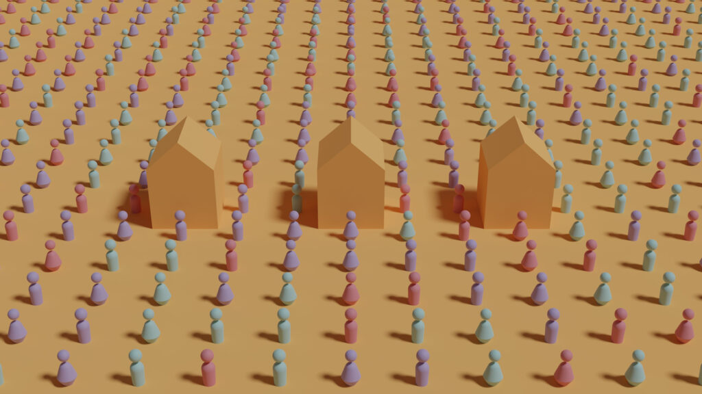 A grid of different colored human representations filling the image with three houses in the middle. Image credit: iStock