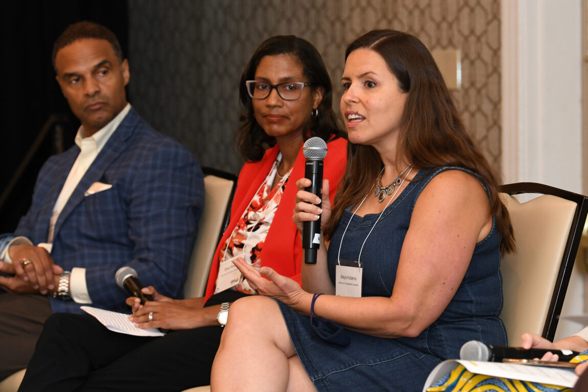 From left, College of Engineering Dean Alec D. Gallimore, Sheri Notaro, DEI director for the Institute for Social Research, and Associate General Counsel Maya Kobersy participate in a panel discussion during a DEI leadership retreat. (Lon Horwedal, Michigan Photography)