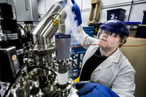 Students work in the Michigan Ion Beam Laboratory (MIBL) on North Campus of the University of Michigan in Ann Arbor, MI on May 10, 2017. Image credit: Joseph Xu