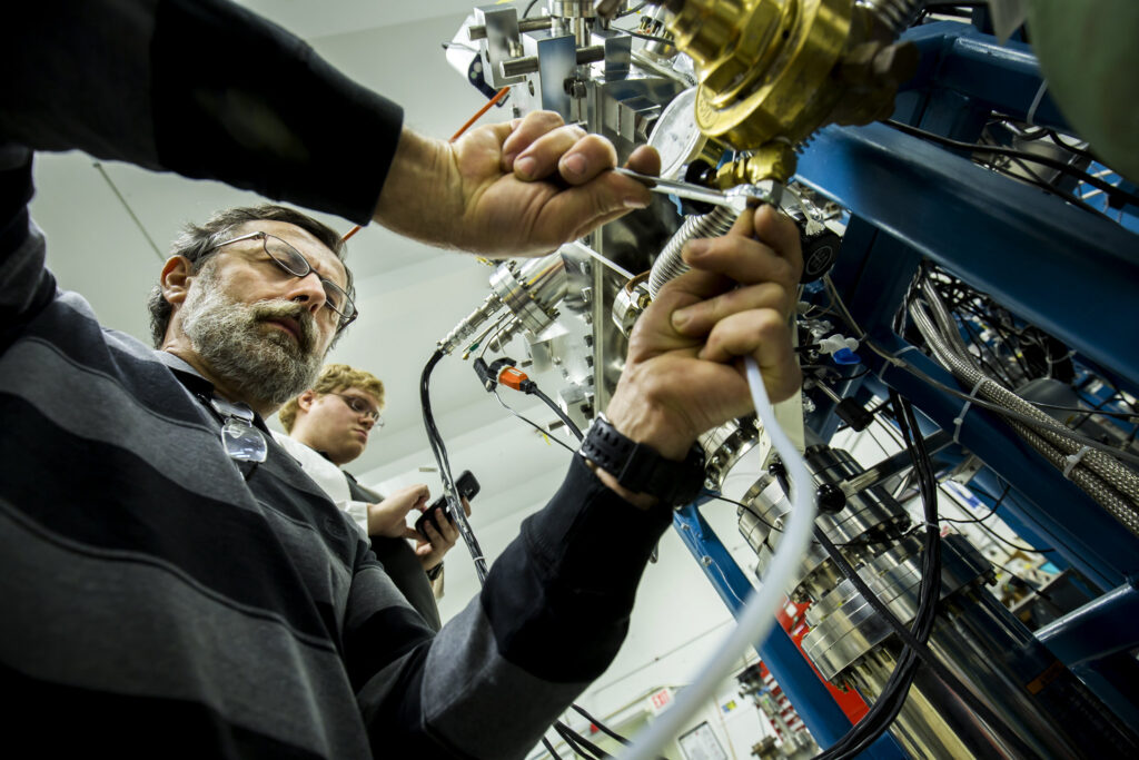 Students work in the Michigan Ion Beam Laboratory (MIBL) on North Campus of the University of Michigan in Ann Arbor, MI on May 10, 2017. Image credit: Joseph Xu