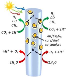 A diagram of the semiconductor nanowires made of indium, gallium and nitrogen—decorated with gold and chromium oxide nanoparticles. When the light hits the nanowire, it frees up electrons and the positively charged "holes" that electrons leave behind. On the nanowire itself, the holes oxidize water into protons (hydrogen) and oxygen. Meanwhile, some electrons are drawn into the metal nanoparticles, where they break apart carbon dioxide. The molecules recombine into the carbon monoxide, hydrogen and methane molecules that make up syngas. Image credit: Roksana Rashid, McGill University