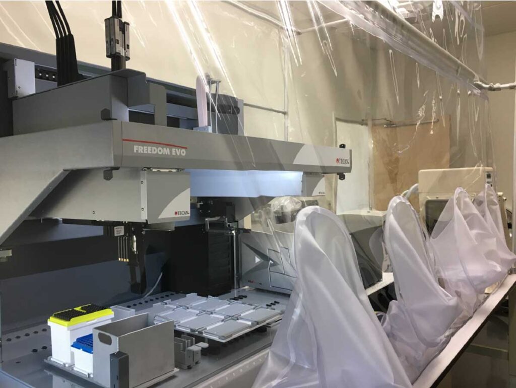 The robot in the Venturelli Lab that creates the microbial communities used to train and test the algorithms. Image courtesy: Venturelli Lab
