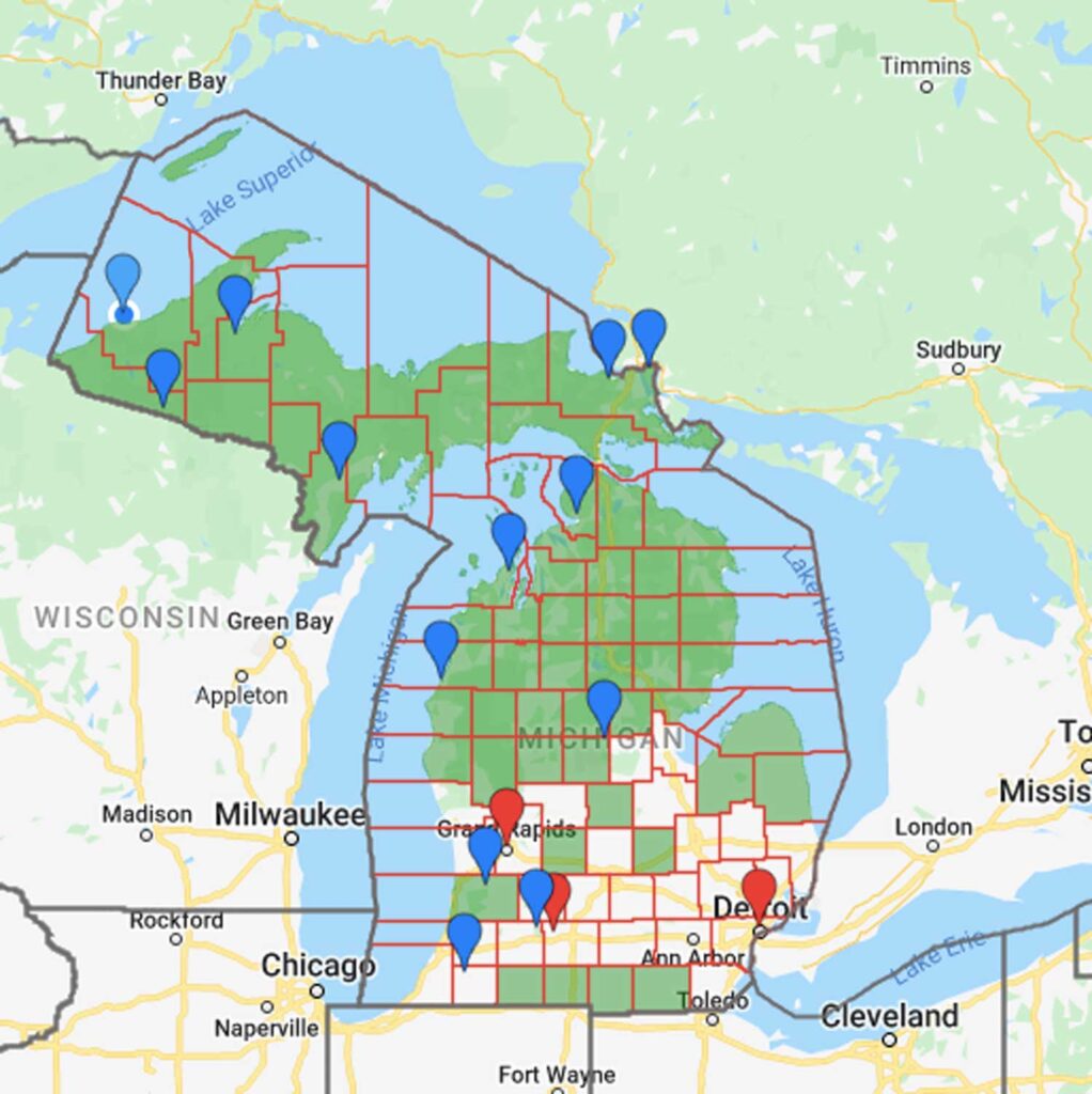 Map showing targeted survey areas in green. Blue pins are federally-recognized Native American tribes. Red pins are Kellogg project areas. Image courtesy: Kate Bauer