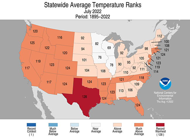Statewide Avg, Temperature ranks July 22