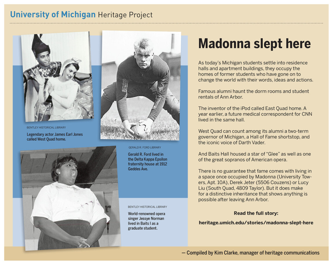 As today’s U-M students settle into residence halls and apartment buildings, they occupy the homes of former students who have gone on to change the world with their words, ideas and actions. West Quad can count among its alumni a governor of Michigan, a Hall of Fame shortstop, and the iconic voice of Darth Vader.