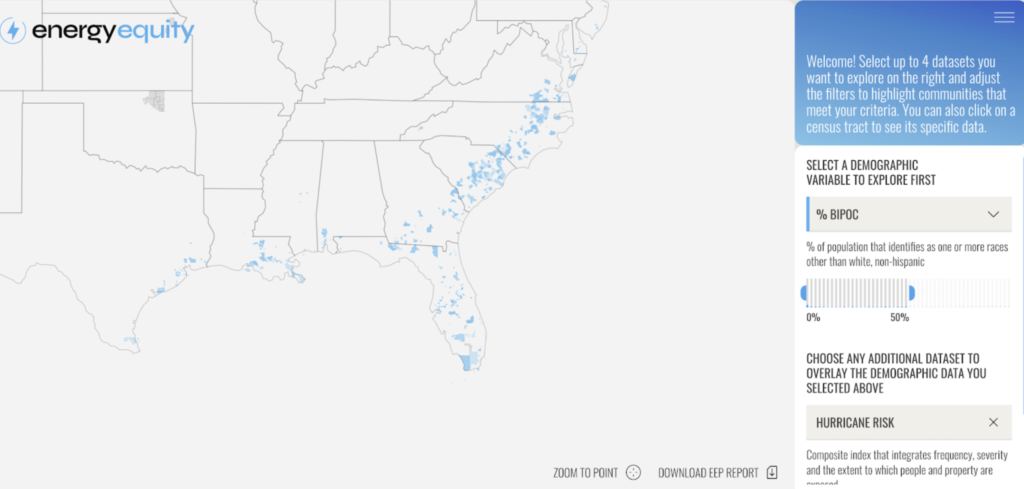 An application of the Energy Equity Interactive Map that shows census tracts that are majority BIPOC and have high risk of hurricane impacts.