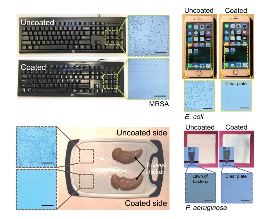 These images show the bacterial load on a coated and uncoated computer keyboard, cell phone and cutting board with raw chicken. Image credit: Anish Tuteja