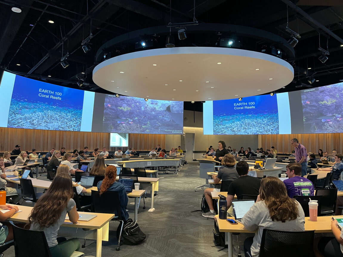 The CCCB’s 190-seat classroom-in-the-round allows students to sit in rows that form a circle around the instructor, with each student no more than five rows away. (Photo by Frances Mueller)