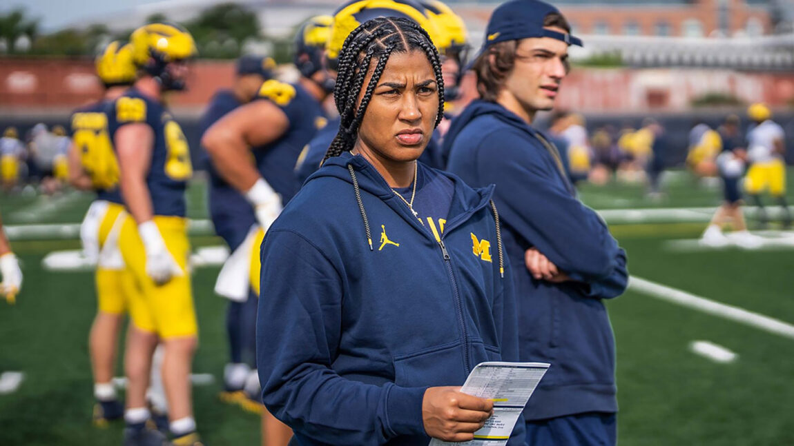 Mimi Bolden-Morris is an offensive graduate assistant with the Michigan football team, the first female graduate assistant at a Power Five school. (Photo by Aaron Bills, Michigan Athletics)