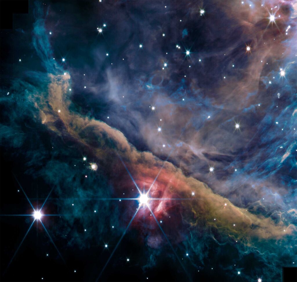 The inner region of the Orion Nebula as seen by the James Webb Space Telescope’s NIRCam instrument. Image credit: NASA, ESA, CSA, Data reduction and analysis : PDRs4All ERS Team; graphical processing S. Fuenmayor