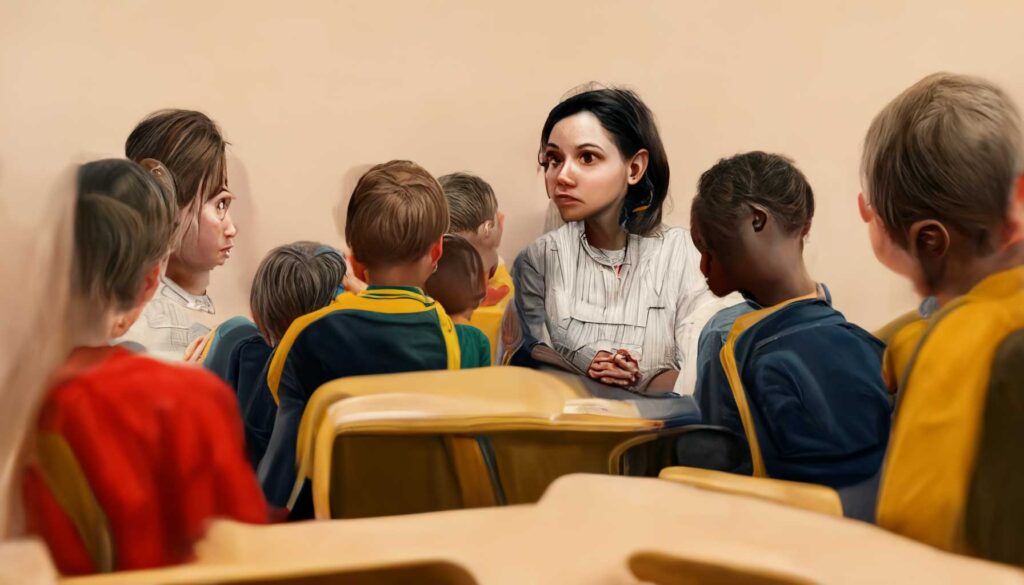 AI-generated image with prompt: teacher listening to white and black school children telling a story in class photorealistic hyperrealistic stock photo