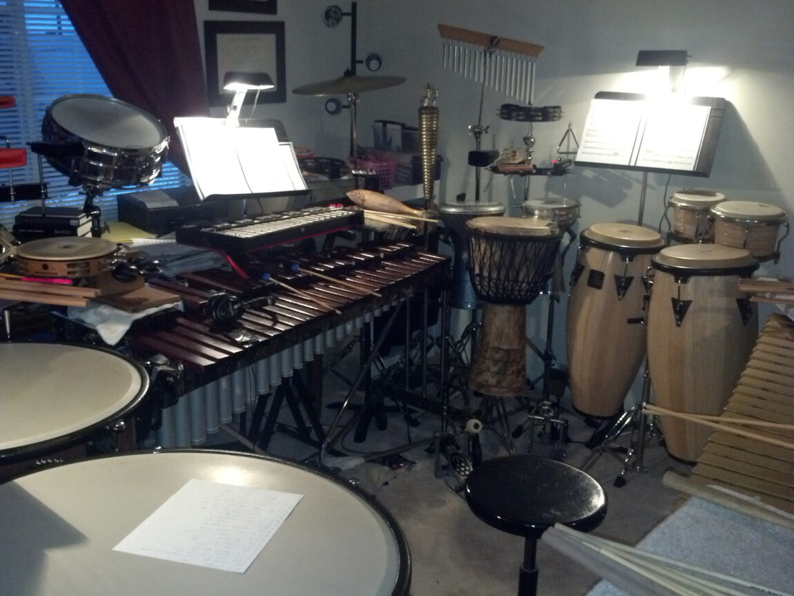 Jonathan Smith crammed into a 200-square-foot spare room of he and his wife's apartment this percussion ensemble so he could practice for his performances of "Aladdin" on Broadway. (Photo by Jonathan Smith)