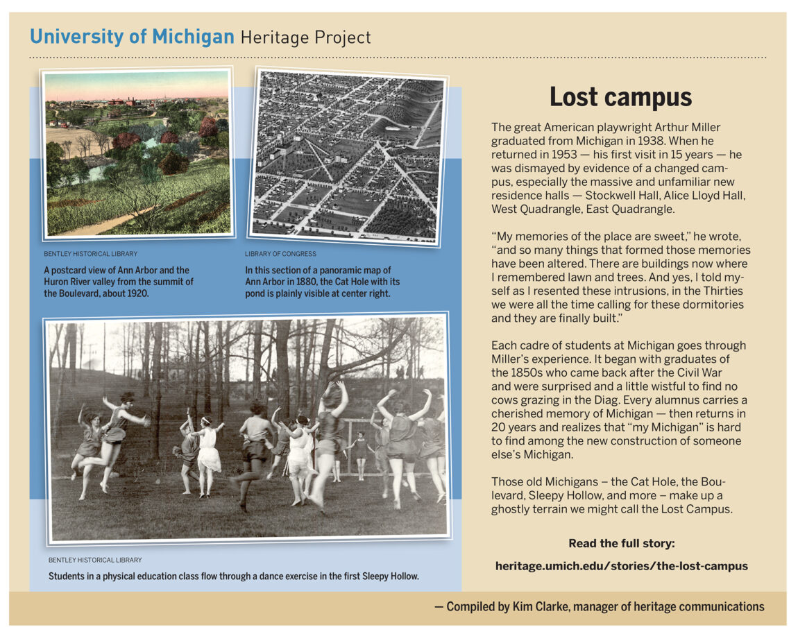 Every alumnus carries a cherished memory of Michigan — then returns in 20 years and realizes that “my Michigan” is hard to find among the new construction of someone else’s Michigan. Those old Michigans – the Cat Hole, the Boulevard, Sleepy Hollow, and more – make up what we might call the Lost Campus.