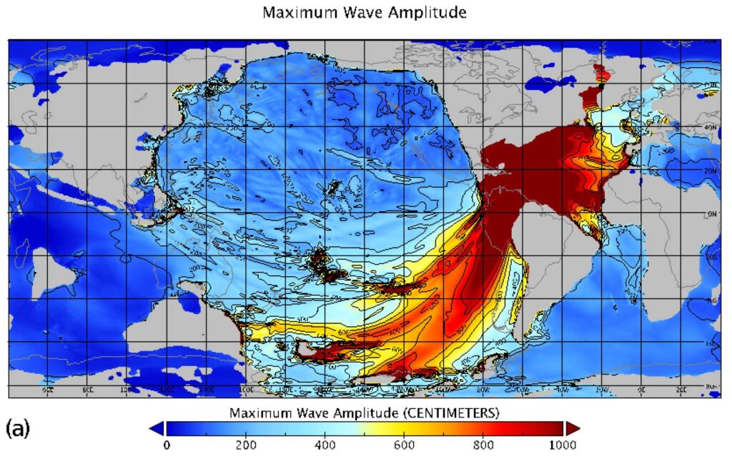 Maximum tsunami wave amplitude, in centimeters, following the asteroid impact 66 million years ago. Image credit: From Range et al. in AGU Advances, 2022