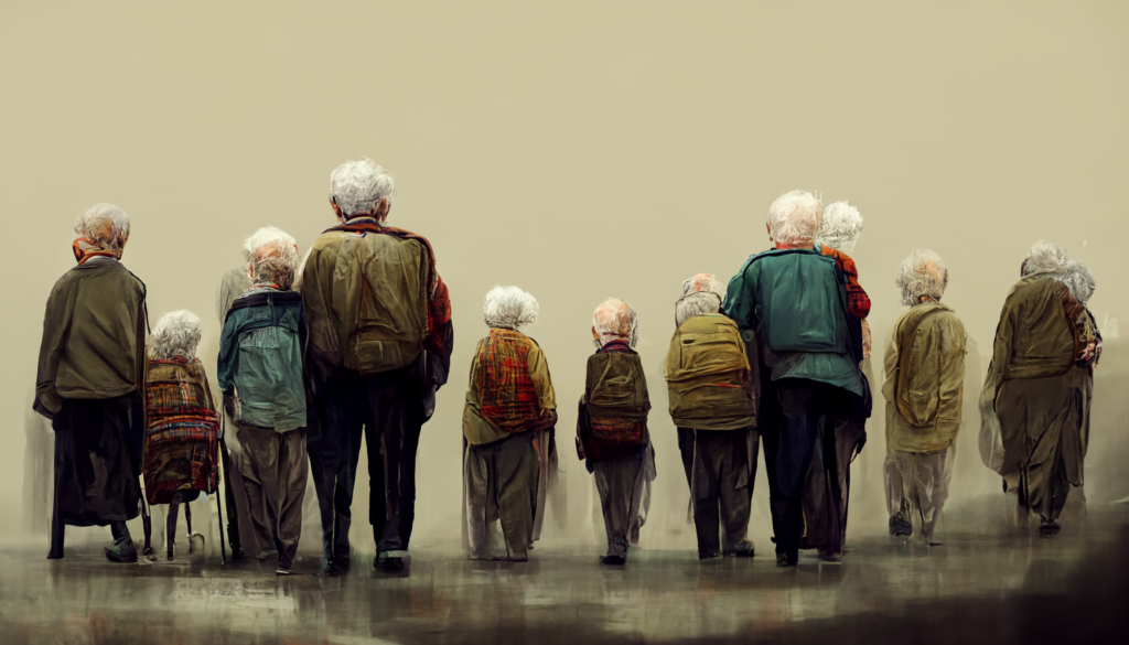 AI generated image of 10 elderly people from behind.