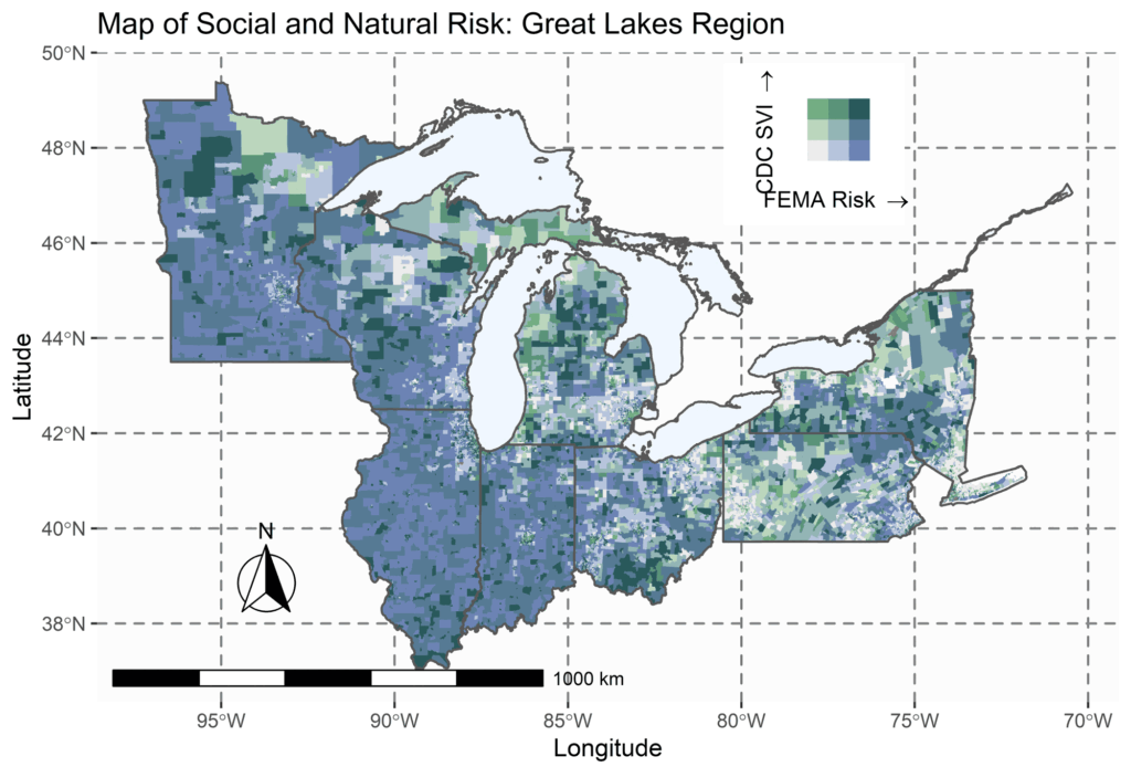 Map of social and natural risk in the Great Lakes region, using data from the FEMA National Risk Index ranks and the CDC's Social Vulnerability Index. Dark green represents high vulnerabilities in both FEMA risk and the social vulnerability index. Gray indicates low vulnerabilities for both. Blue indicates high FEMA risk, while green indicates a high social vulnerability index ranking.  Image credit: Van Berkel et al., "Planning for climate migration in Great Lakes Legacy Cities," Earth's Future, October 2022