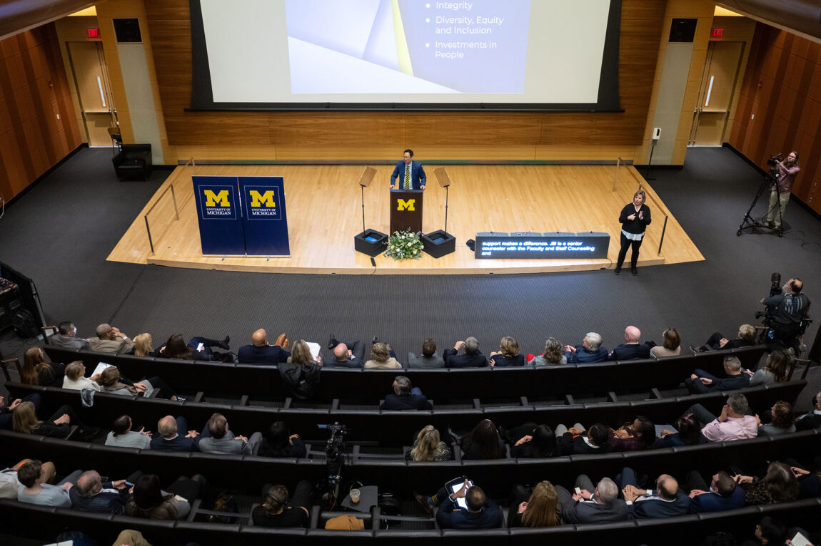 President Santa J. Ono addressing the audience at the Stephen M. Ross School of Business' Robertson Auditorium