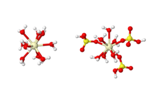 When the cerium atom is short three electrons, it is surrounded by water molecules. But when it gives up a fourth electron, some water molecules shift out of the way to let in sulfates. This dance costs energy, but understanding that energy loss paves the way for more efficient cerium batteries. Image credit: Dylan Herrera, Goldsmith Lab