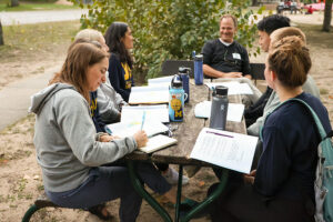 Hoffman with students at a picnic table for Management as a Calling