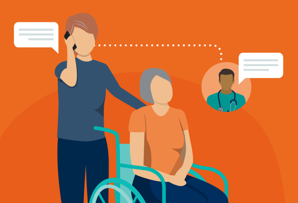 Concept illustration of a caregiver on the phone with a doctor. Image courtesy: National Poll on Healthy Aging
