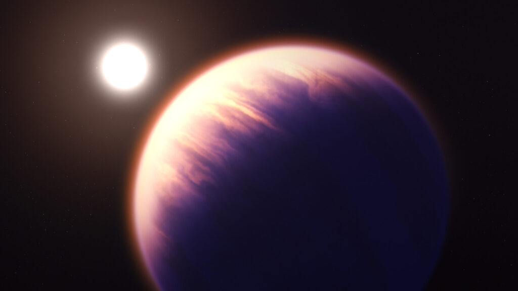 In an illustration, WASP-39 b, a hot, puffy gas giant planet inhabits the foreground while its star shines beyond it.
