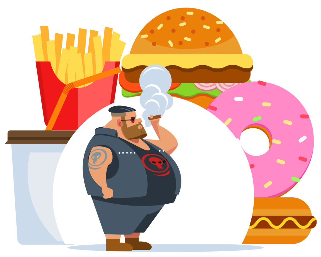 Illustration of a man smoking with fries, a burger, a doughnut and a hot dog in the background. Image credit: iStock