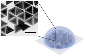 As the droplet dries, the nanoparticles settle into pinwheel patterns. The ability to make these twisted structures at the nanoscale could have applications in sensing, machine vision and more. Image credit: S. Zhou et al, Nature, DOI: 10.1038/s41586-022-05384-8