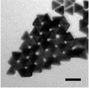 An electron microscope image shows the nanopyramids settled into a pinwheel pattern. The ability to make these twisted structures at the nanoscale could have applications in sensing, machine vision and more. Image credit: S. Zhou et al, Nature, DOI: 10.1038/s41586-022-05384-8