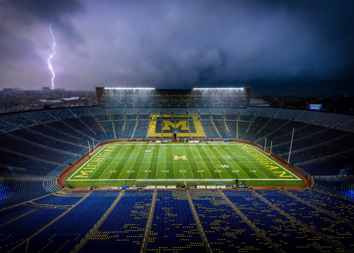 Lightning strikes in the distance to the east of Michigan Stadium. Photographer Daryl Marshke’s interest in weather and storms prompted him to capture this image. (Photo by Daryl Marshke, Michigan Photography)